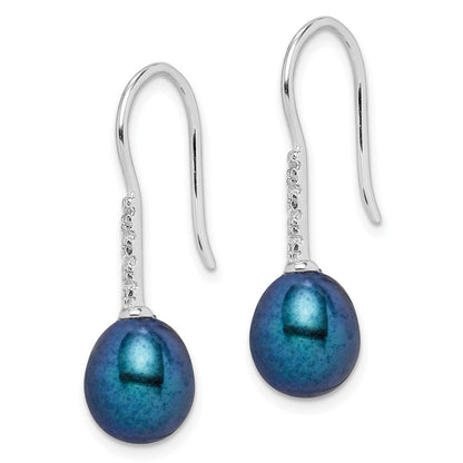 PSSE Sterling Silver Rhodium-plated 7-8mm Black Teardrop Freshwater Cultured Pearl and CZ Dangle Earrings