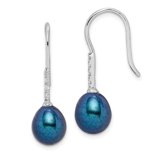 PSSE Sterling Silver Rhodium-plated 7-8mm Black Teardrop Freshwater Cultured Pearl and CZ Dangle Earrings