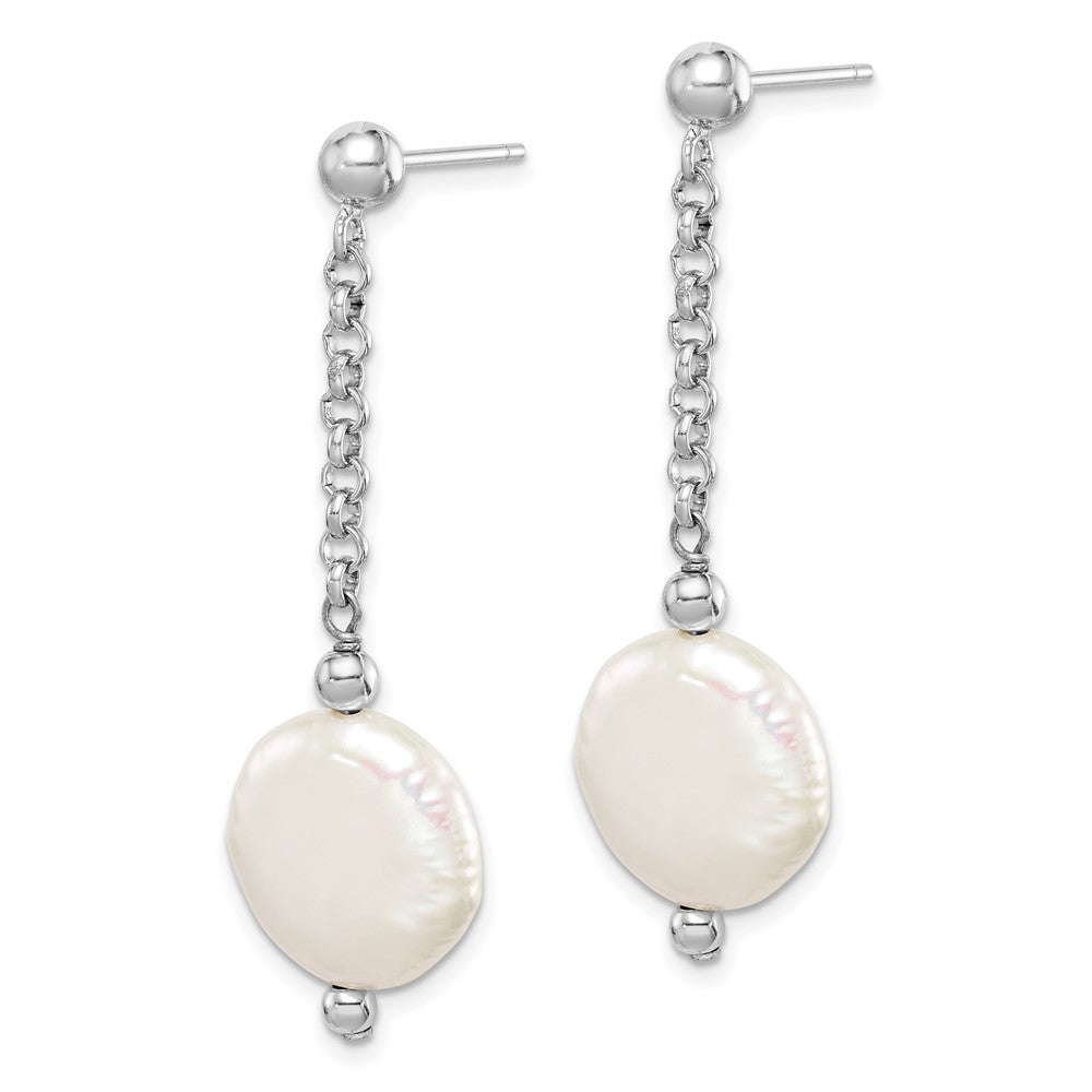 PSSE Sterling Silver Rhodium-plated 12-13mm White Coin Freshwater Cultured Pearl Post Dangle Earrings