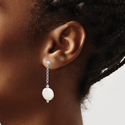 PSSE Sterling Silver Rhodium-plated 12-13mm White Coin Freshwater Cultured Pearl Post Dangle Earrings
