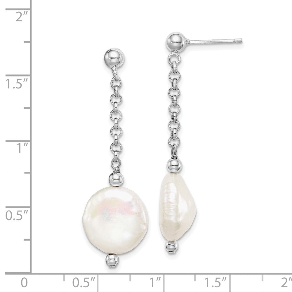 PSSE Sterling Silver Rhodium-plated 12-13mm White Coin Freshwater Cultured Pearl Post Dangle Earrings