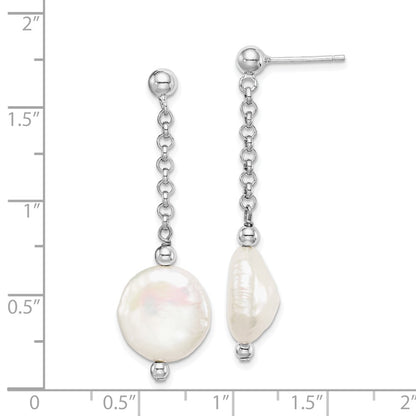 PSSE Sterling Silver Rhodium-plated 12-13mm White Coin Freshwater Cultured Pearl Post Dangle Earrings