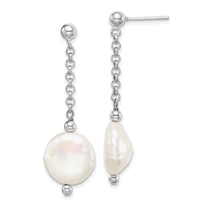 PSSE Sterling Silver Rhodium-plated 12-13mm White Coin Freshwater Cultured Pearl Post Dangle Earrings