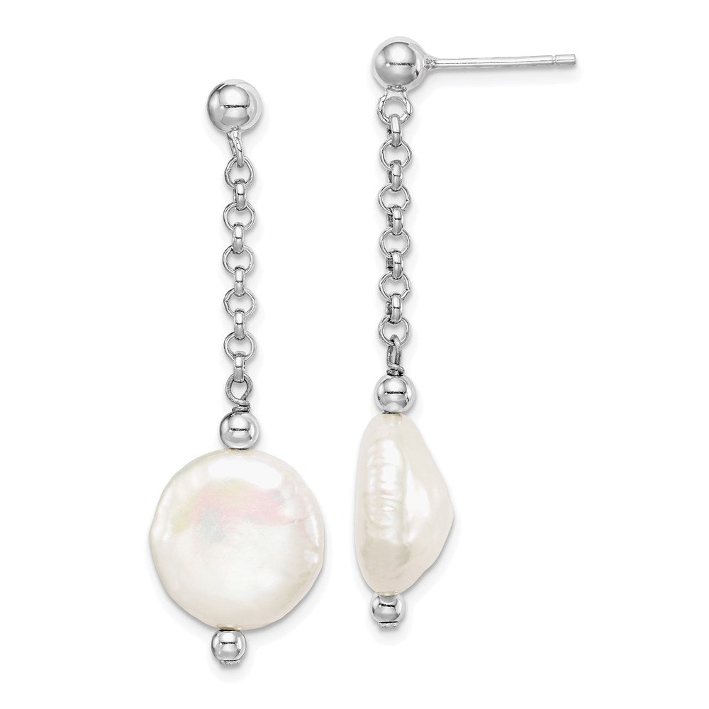 PSSE Sterling Silver Rhodium-plated 12-13mm White Coin Freshwater Cultured Pearl Post Dangle Earrings