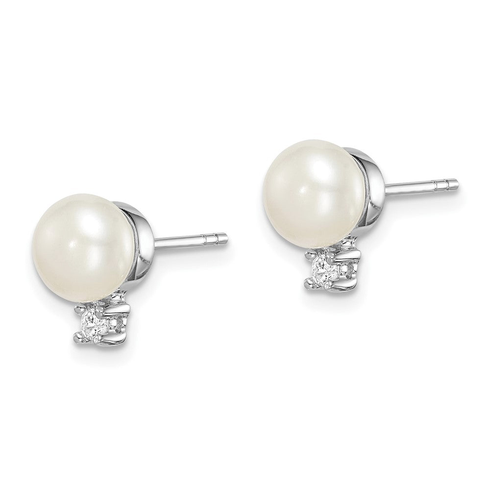 PSSE Sterling Silver Rhodium-plated 6-7mm White Button Freshwater Cultured Pearl and CZ Post Earrings