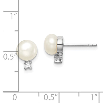 PSSE Sterling Silver Rhodium-plated 6-7mm White Button Freshwater Cultured Pearl and CZ Post Earrings