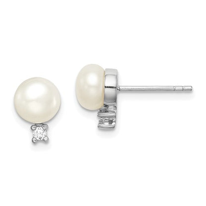PSSE Sterling Silver Rhodium-plated 6-7mm White Button Freshwater Cultured Pearl and CZ Post Earrings