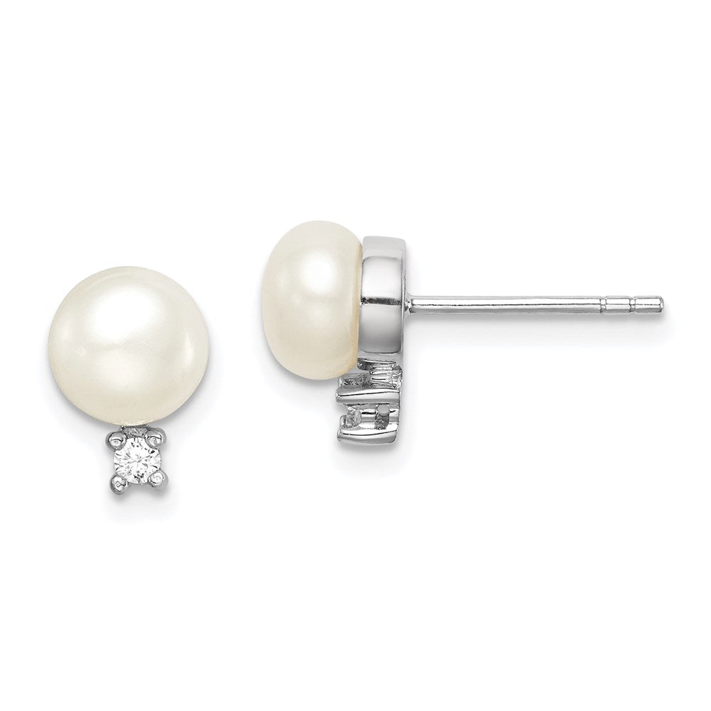 PSSE Sterling Silver Rhodium-plated 6-7mm White Button Freshwater Cultured Pearl and CZ Post Earrings