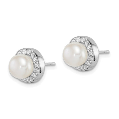 PSSE Sterling Silver Rhodium-plated 7-8mm White Button Freshwater Cultured Pearl and CZ Post Earrings