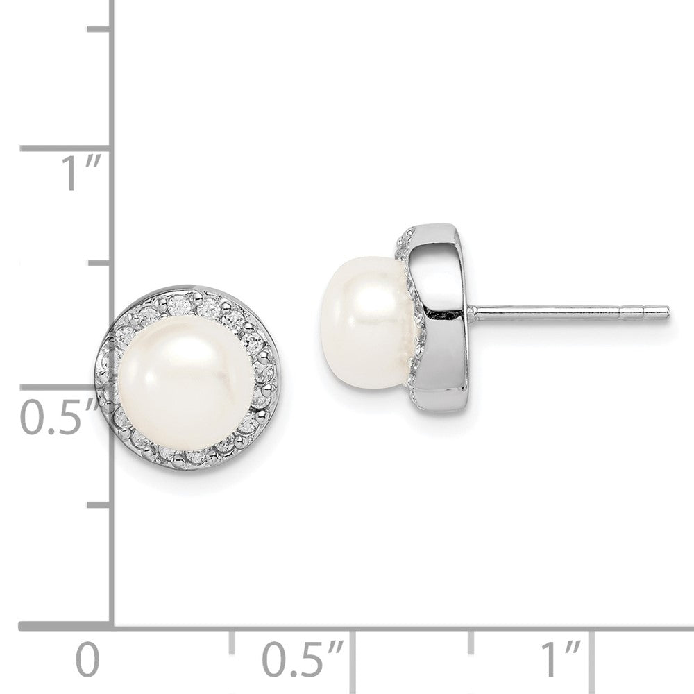 PSSE Sterling Silver Rhodium-plated 7-8mm White Button Freshwater Cultured Pearl and CZ Post Earrings