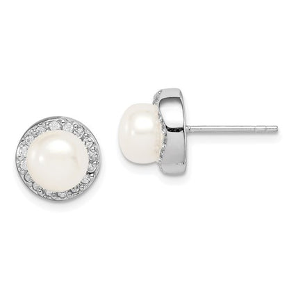 PSSE Sterling Silver Rhodium-plated 7-8mm White Button Freshwater Cultured Pearl and CZ Post Earrings