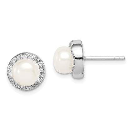 PSSE Sterling Silver Rhodium-plated 7-8mm White Button Freshwater Cultured Pearl and CZ Post Earrings