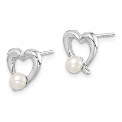 PSSE Sterling Silver Rhodium-plated 3-4mm White Round Freshwater Cultured Pearl Heart Post Earrings