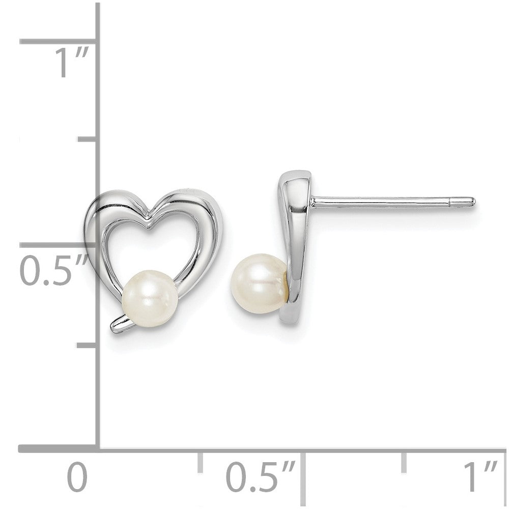 PSSE Sterling Silver Rhodium-plated 3-4mm White Round Freshwater Cultured Pearl Heart Post Earrings