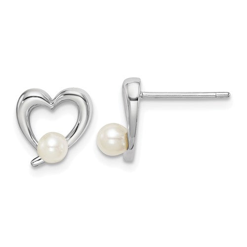 PSSE Sterling Silver Rhodium-plated 3-4mm White Round Freshwater Cultured Pearl Heart Post Earrings