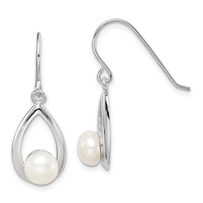 PSSE Sterling Silver Rhodium-plated 6-7mm White Freshwater Cultured Pearl Teardrop Dangle Earrings