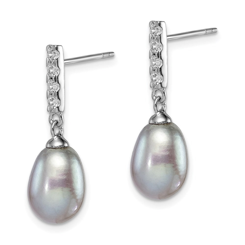 PSSE Sterling Silver Rhodium-plated 8-9mm Grey Teardrop Freshwater Cultured Pearl and CZ Post Dangle Earrings