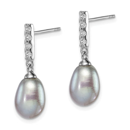 PSSE Sterling Silver Rhodium-plated 8-9mm Grey Teardrop Freshwater Cultured Pearl and CZ Post Dangle Earrings
