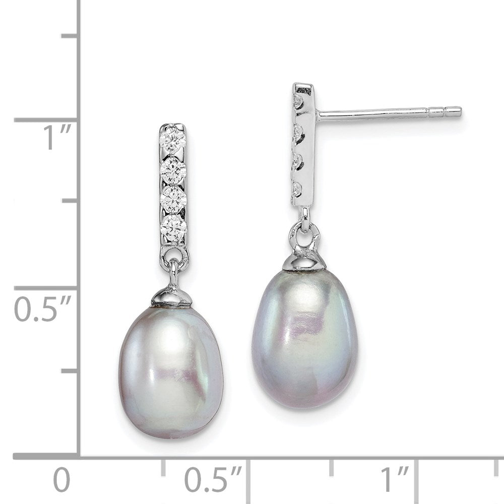PSSE Sterling Silver Rhodium-plated 8-9mm Grey Teardrop Freshwater Cultured Pearl and CZ Post Dangle Earrings