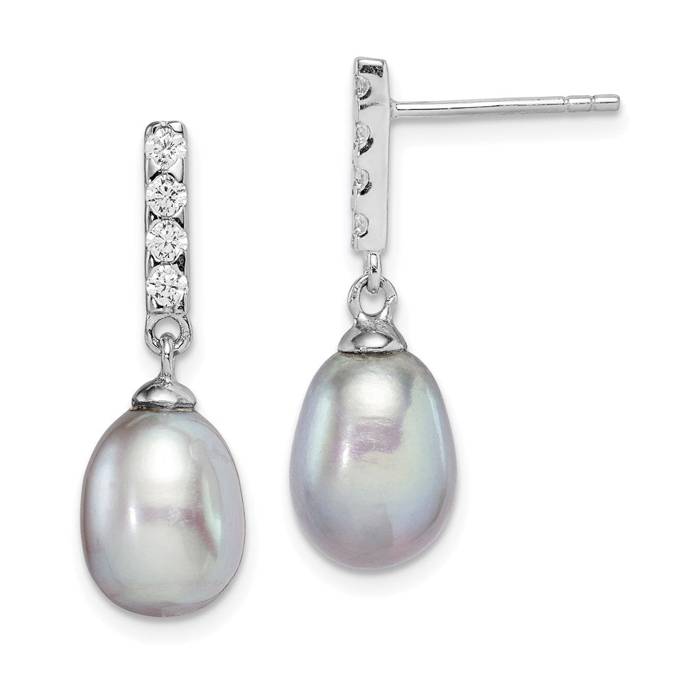 PSSE Sterling Silver Rhodium-plated 8-9mm Grey Teardrop Freshwater Cultured Pearl and CZ Post Dangle Earrings