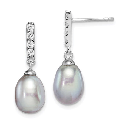 PSSE Sterling Silver Rhodium-plated 8-9mm Grey Teardrop Freshwater Cultured Pearl and CZ Post Dangle Earrings