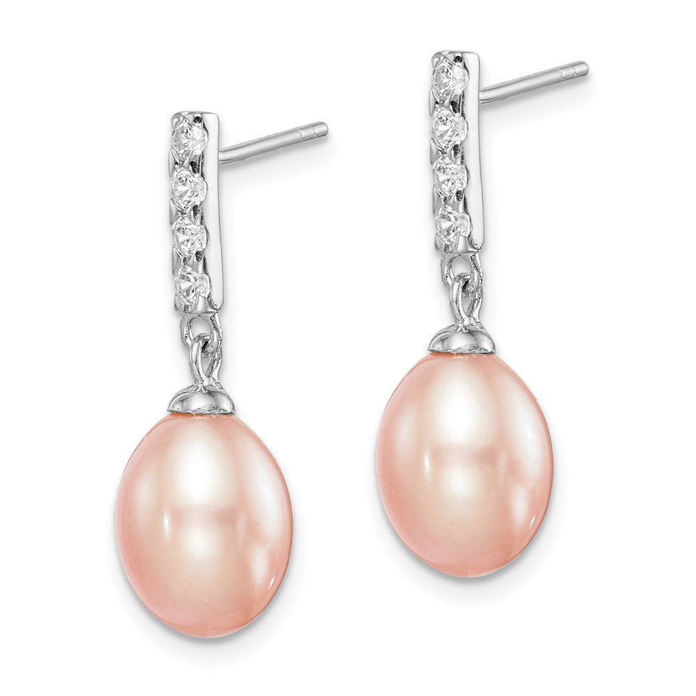 PSSE Sterling Silver Rhodium-plated 8-9mm Pink Teardrop Freshwater Cultured Pearl and CZ Post Dangle Earrings