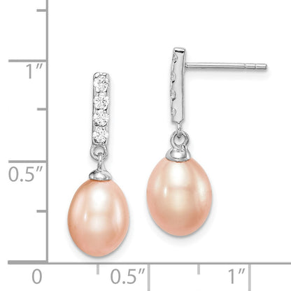 PSSE Sterling Silver Rhodium-plated 8-9mm Pink Teardrop Freshwater Cultured Pearl and CZ Post Dangle Earrings