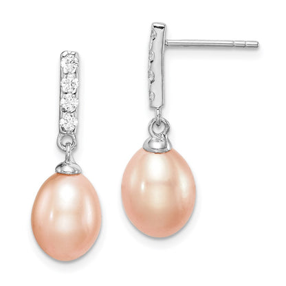 PSSE Sterling Silver Rhodium-plated 8-9mm Pink Teardrop Freshwater Cultured Pearl and CZ Post Dangle Earrings