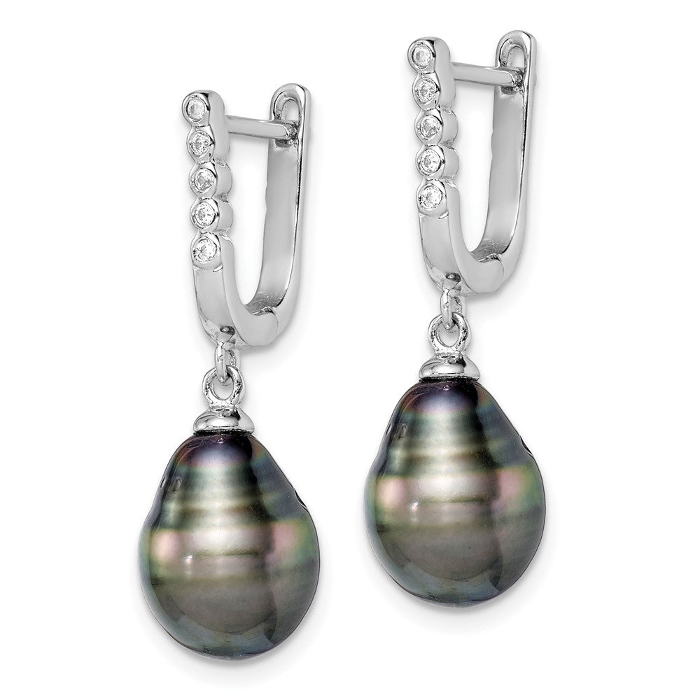 PSSE Sterling Silver Rhodium-plated 9-10mm Black Teardrop Tahitian Saltwater Cultured Pearl and CZ Dangle Earrings
