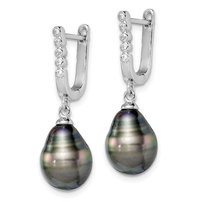 PSSE Sterling Silver Rhodium-plated 9-10mm Black Teardrop Tahitian Saltwater Cultured Pearl and CZ Dangle Earrings