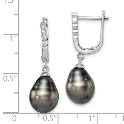 PSSE Sterling Silver Rhodium-plated 9-10mm Black Teardrop Tahitian Saltwater Cultured Pearl and CZ Dangle Earrings