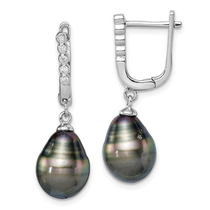 PSSE Sterling Silver Rhodium-plated 9-10mm Black Teardrop Tahitian Saltwater Cultured Pearl and CZ Dangle Earrings