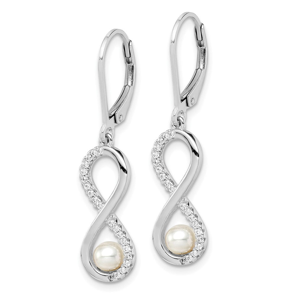 PSSE Sterling Silver Rhodium-plated 4-5mm White Freshwater Cultured Pearl and CZ Infinity Dangle Leverback Earrings