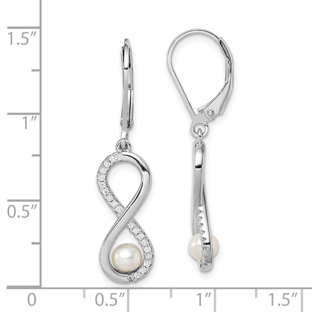 PSSE Sterling Silver Rhodium-plated 4-5mm White Freshwater Cultured Pearl and CZ Infinity Dangle Leverback Earrings