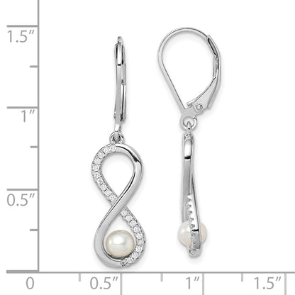 PSSE Sterling Silver Rhodium-plated 4-5mm White Freshwater Cultured Pearl and CZ Infinity Dangle Leverback Earrings