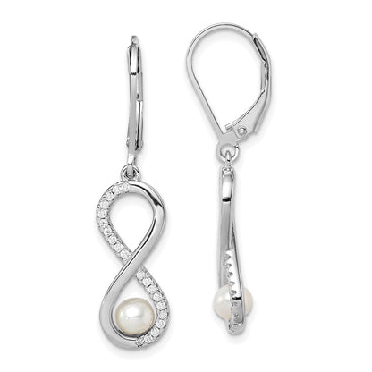 PSSE Sterling Silver Rhodium-plated 4-5mm White Freshwater Cultured Pearl and CZ Infinity Dangle Leverback Earrings