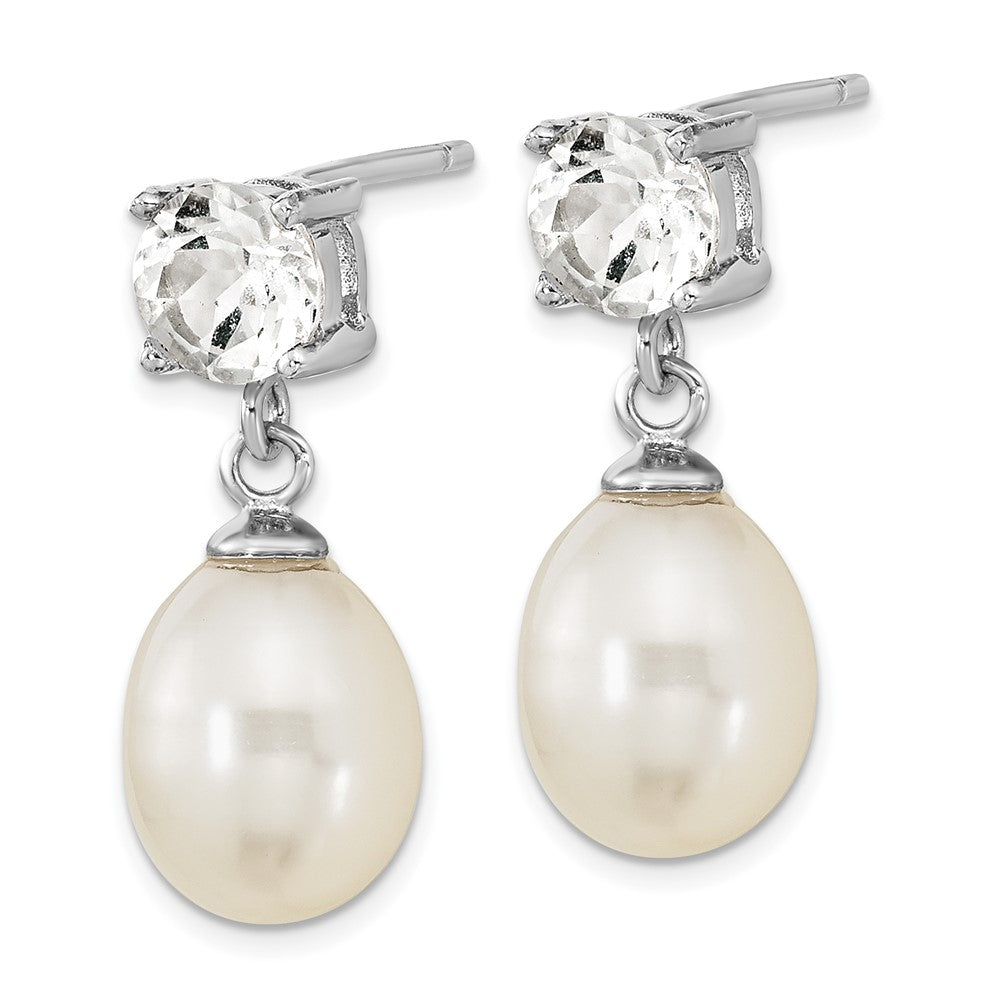 PSSE Sterling Silver Rhodium-plated 7-10mm White Teardrop Freshwater Cultured Pearl and 2.64WT White Topaz Post Dangle Earrings
