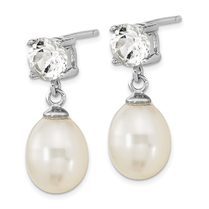 PSSE Sterling Silver Rhodium-plated 7-10mm White Teardrop Freshwater Cultured Pearl and 2.64WT White Topaz Post Dangle Earrings