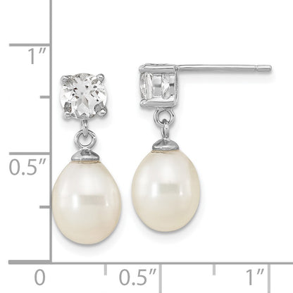 PSSE Sterling Silver Rhodium-plated 7-10mm White Teardrop Freshwater Cultured Pearl and 2.64WT White Topaz Post Dangle Earrings