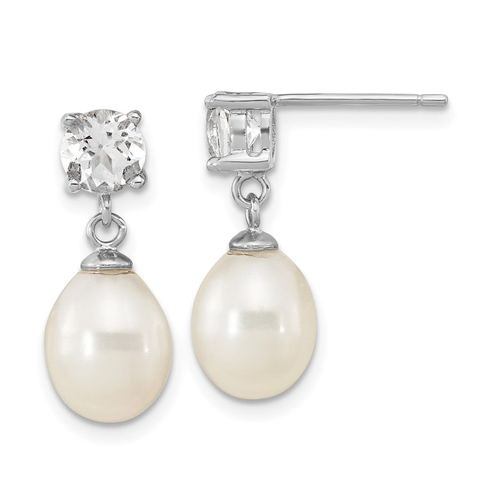 PSSE Sterling Silver Rhodium-plated 7-10mm White Teardrop Freshwater Cultured Pearl and 2.64WT White Topaz Post Dangle Earrings