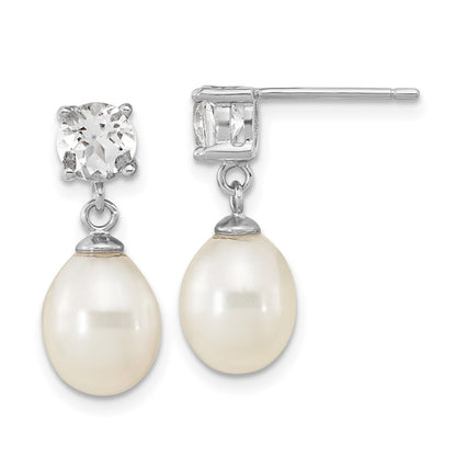 PSSE Sterling Silver Rhodium-plated 7-10mm White Teardrop Freshwater Cultured Pearl and 2.64WT White Topaz Post Dangle Earrings