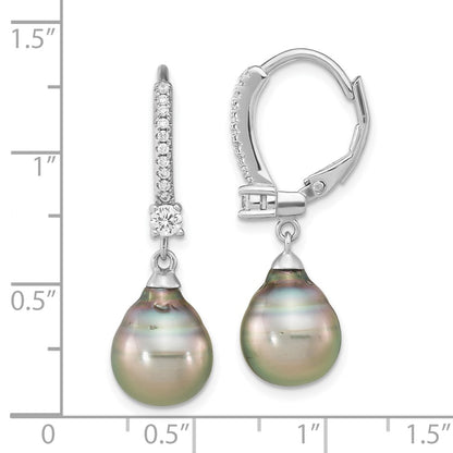 PSSE Sterling Silver Rhodium-plated 9-10mm Black Teardrop Tahitian Saltwater Cultured Pearl and CZ Dangle Leverback Earrings
