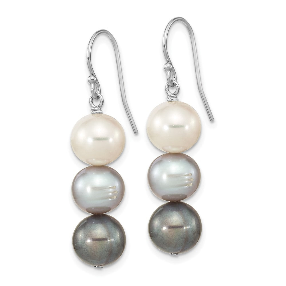 PSSE Sterling Silver Rhodium-plated 8-9mm Black, White and Grey Near-Round Freshwater Cultured Pearl Dangle Earrings