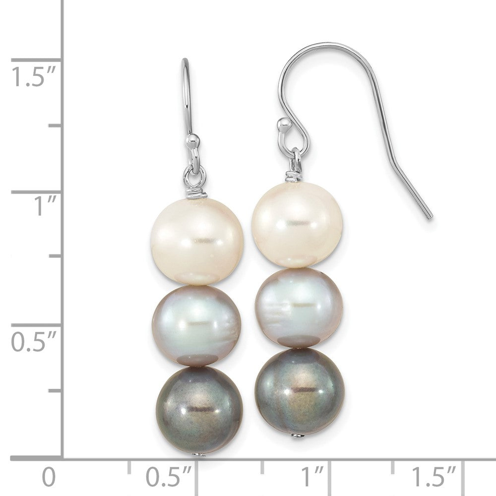 PSSE Sterling Silver Rhodium-plated 8-9mm Black, White and Grey Near-Round Freshwater Cultured Pearl Dangle Earrings