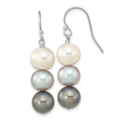 PSSE Sterling Silver Rhodium-plated 8-9mm Black, White and Grey Near-Round Freshwater Cultured Pearl Dangle Earrings