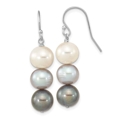 PSSE Sterling Silver Rhodium-plated 8-9mm Black, White and Grey Near-Round Freshwater Cultured Pearl Dangle Earrings
