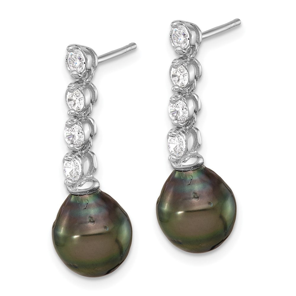 PSSE Sterling Silver Rhodium-plated 9-10mm Black Teardrop Tahitian Saltwater Cultured Pearl and CZ Post Dangle Earrings