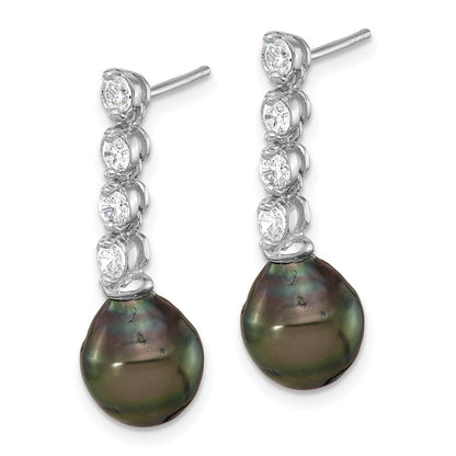 PSSE Sterling Silver Rhodium-plated 9-10mm Black Teardrop Tahitian Saltwater Cultured Pearl and CZ Post Dangle Earrings