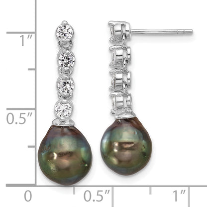PSSE Sterling Silver Rhodium-plated 9-10mm Black Teardrop Tahitian Saltwater Cultured Pearl and CZ Post Dangle Earrings