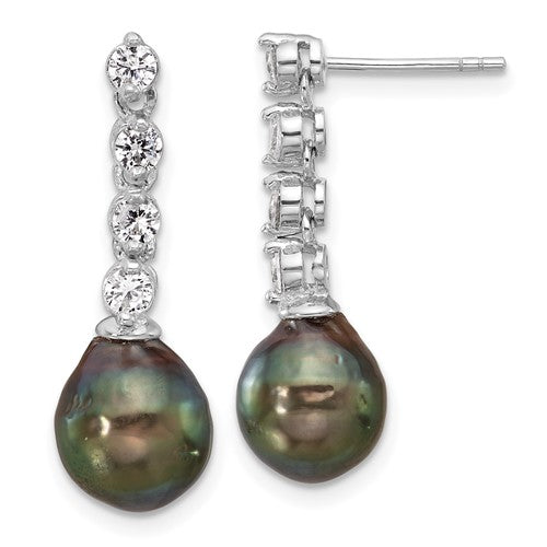 PSSE Sterling Silver Rhodium-plated 9-10mm Black Teardrop Tahitian Saltwater Cultured Pearl and CZ Post Dangle Earrings